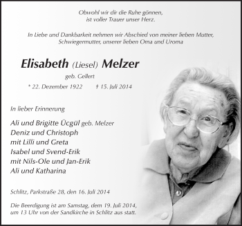 Traueranzeige von Elisabeth Melzer 