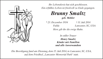 Traueranzeige von Brunny Smaltz 