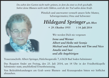 Traueranzeige von Hildegard Springer 