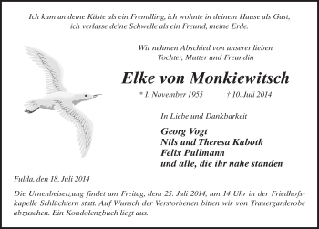 Traueranzeige von Elke  von Monkiewitsch 
