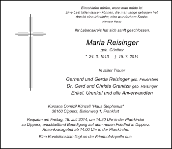 Traueranzeige von Maria Reisinger 