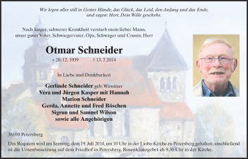 Traueranzeige von Otmar Schneider 