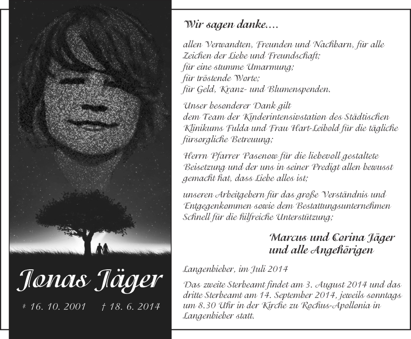  Traueranzeige für Jonas Jäger vom 19.07.2014 aus 