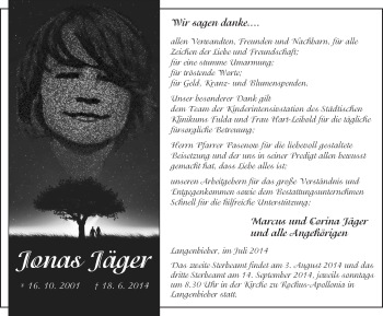 Traueranzeige von Jonas Jäger 