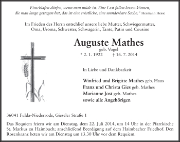 Traueranzeige von Auguste Mathes 