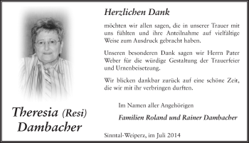 Traueranzeige von Theresia Dambacher 