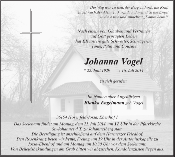 Traueranzeige von Johanna Vogel 