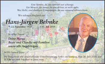 Traueranzeige von Hans-Jürgen Behnke 