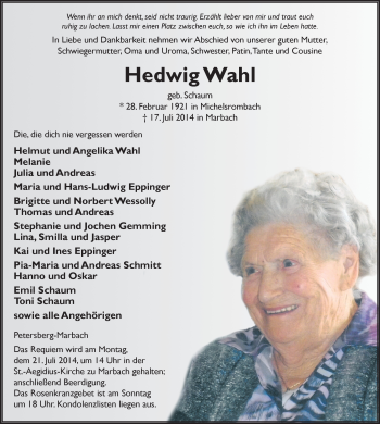 Traueranzeige von Hedwig Wahl 