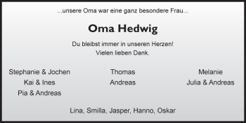 Traueranzeige von Hedwig Wahl 