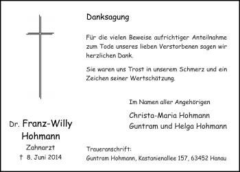 Traueranzeige von Franz-Willy Hohmann 
