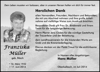 Traueranzeige von Franziska Müller 
