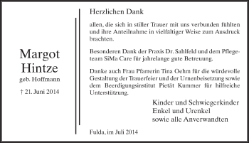 Traueranzeige von Margot Hintze 