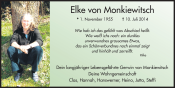 Traueranzeige von Elke  von Monkiewitsch 