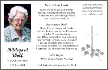 Traueranzeige von Hildegard Wolf 