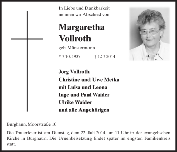 Traueranzeige von Margaretha Vollroth 