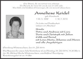 Traueranzeige von Anneliese Keidel 