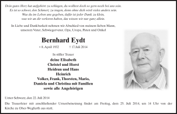 Traueranzeige von Bernhard Eydt 