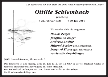 Traueranzeige von Ottilie Schlembach 