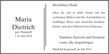 Traueranzeige von Maria Dietrich 