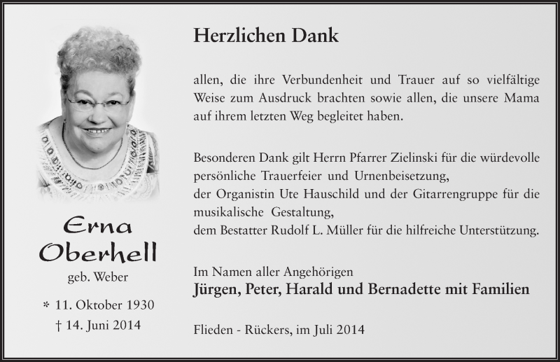  Traueranzeige für Erna Oberhell vom 26.07.2014 aus 
