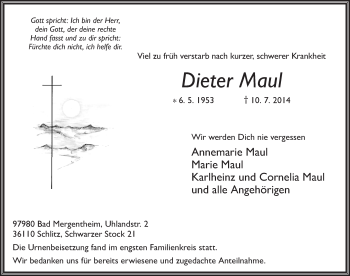 Traueranzeige von Dieter Maul 