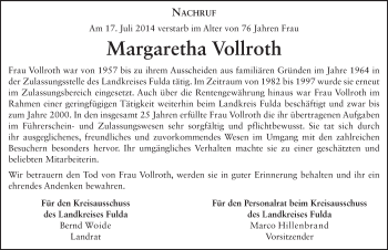 Traueranzeige von Margaretha Vollroth 