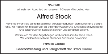 Traueranzeige von Alfred Stock 