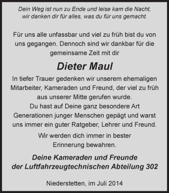 Traueranzeige von Dieter Maul 