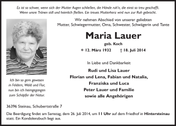 Traueranzeige von Maria Lauer 