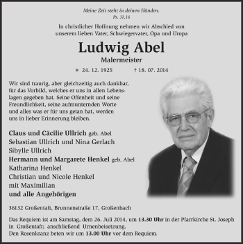Traueranzeige von Ludwig Abel 