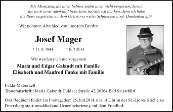Traueranzeige von Josef Mager 