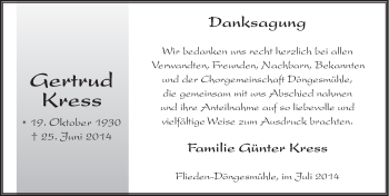 Traueranzeige von Gertrud Kress 