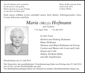 Traueranzeige von Maria Hofmann 