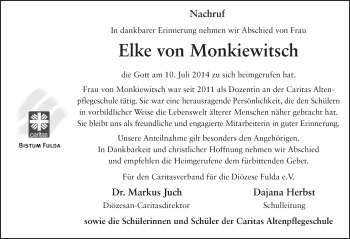 Traueranzeige von Elke  von Monkiewitsch 