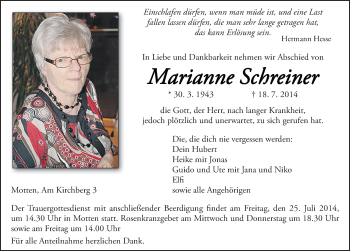 Traueranzeige von Marianne Schreiner 