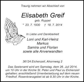 Traueranzeige von Elisabeth Greif 