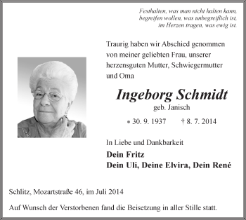 Traueranzeige von Ingeborg Schmidt 