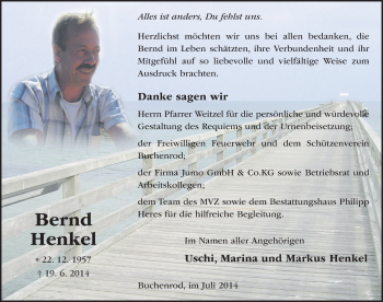 Traueranzeige von Bernd Henkel 