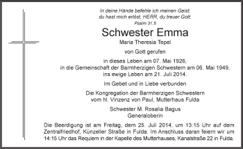 Traueranzeige von Maria Theresia Tepel 