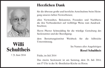Traueranzeige von Willi Schultheis 