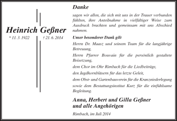 Traueranzeige von Heinrich Geßner 