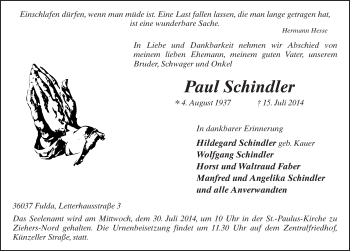 Traueranzeige von Paul Schindler 