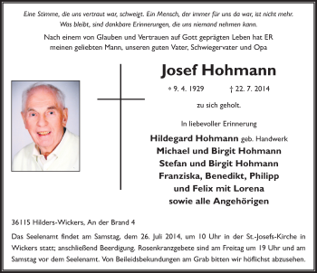 Traueranzeige von Josef Hohmann 