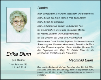 Traueranzeige von Erika Blum 