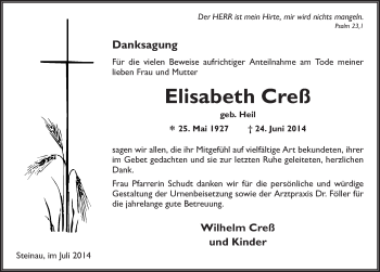 Traueranzeige von Elisabeth Creß 