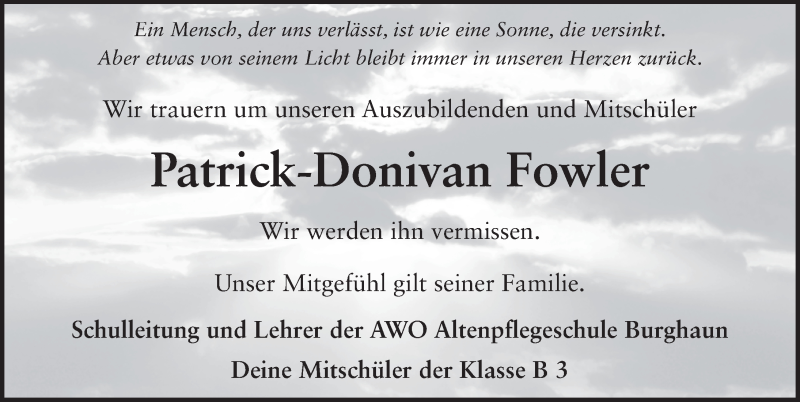  Traueranzeige für Patrick-Donivan Fowler vom 25.07.2014 aus 