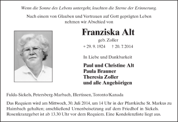 Traueranzeige von Franziska Alt 
