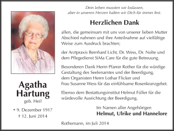 Traueranzeige von Agatha Hartung 