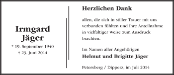 Traueranzeige von Irmgard Jäger 